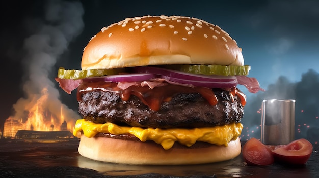 A Huge Beef burger Sandwich with a smokey background