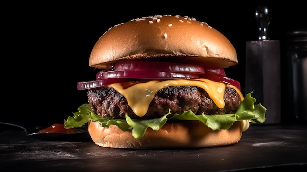 A Huge Beef burger Sandwich with a smokey background