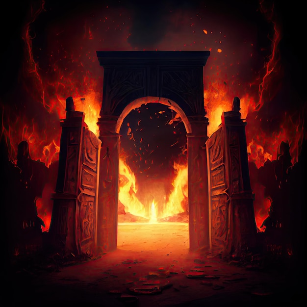 Huge burning gates of hell in middle of fire with damned souls