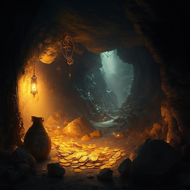 A huge cave with full of gold coins