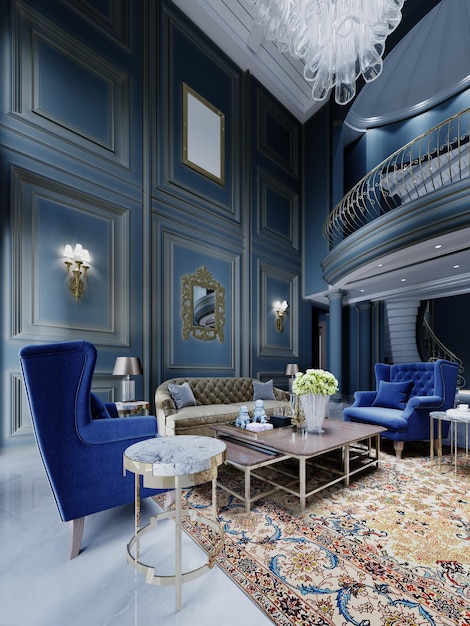 Huge classic interior of the seating area with dark blue walls with cobalt armchairs and a yellow sofa 3D rendering