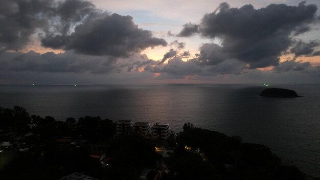 Huge dark clouds over the sea the view from drone