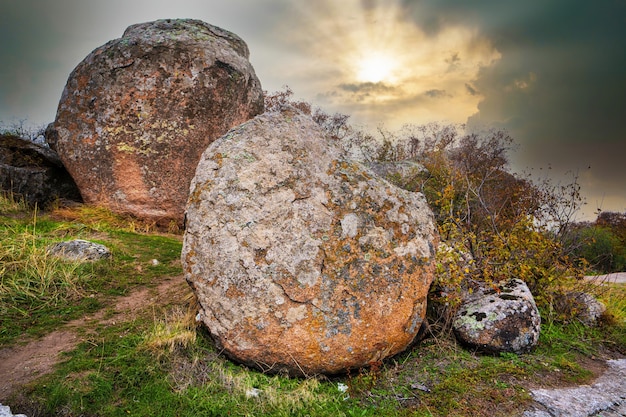 Huge deposits of stone minerals in a clearing bathed in warm sun