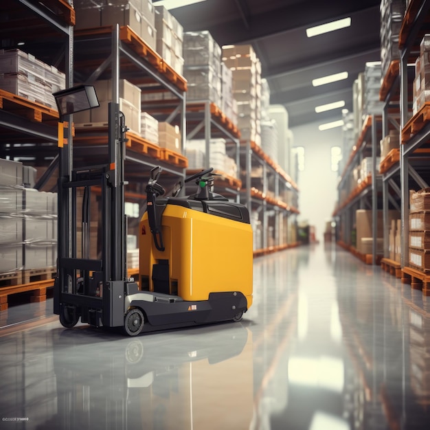 Huge distribution warehouse with high shelves Forklift in Warehouse interiorGenerated Ai