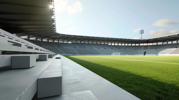 Photo huge and empty soccer stadium with green field and concrete stands under bright sunlight