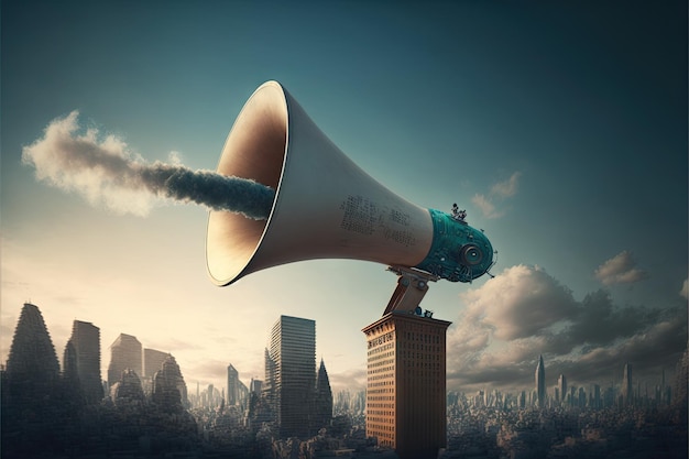 Huge faint megaphone floating in sky above city created with generative ai