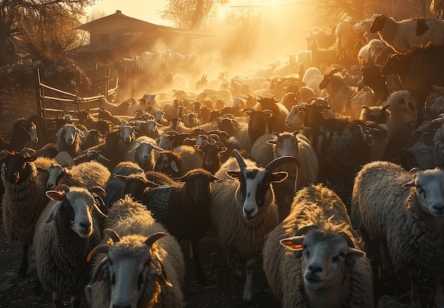 Huge Flock of Sheep and Goats in Morning Light