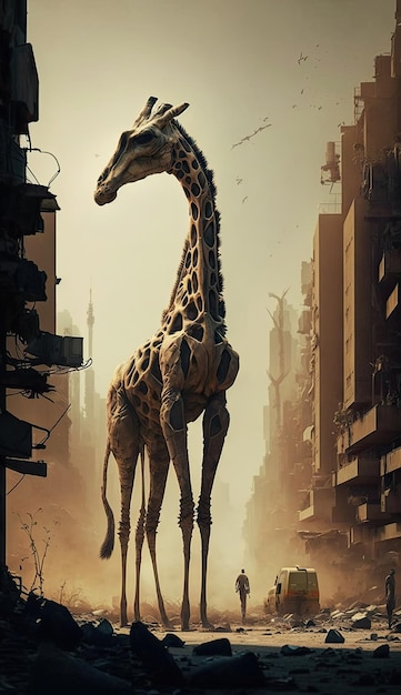 Huge giraffe walking through a destroyed city Unreal image Generative AI