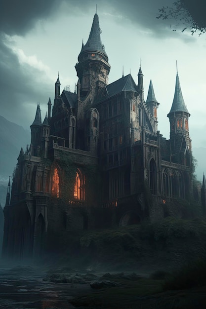 Huge gothic castle with fantasy environment Generate Ai