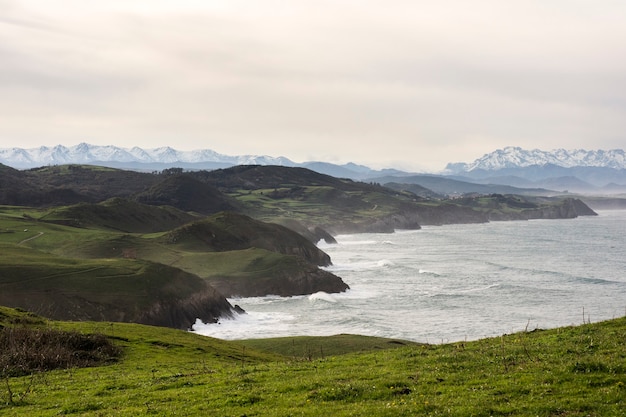 Huge green grass field and a cliff landscape with mountains