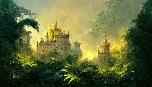 Huge jungle castle concept art illustration