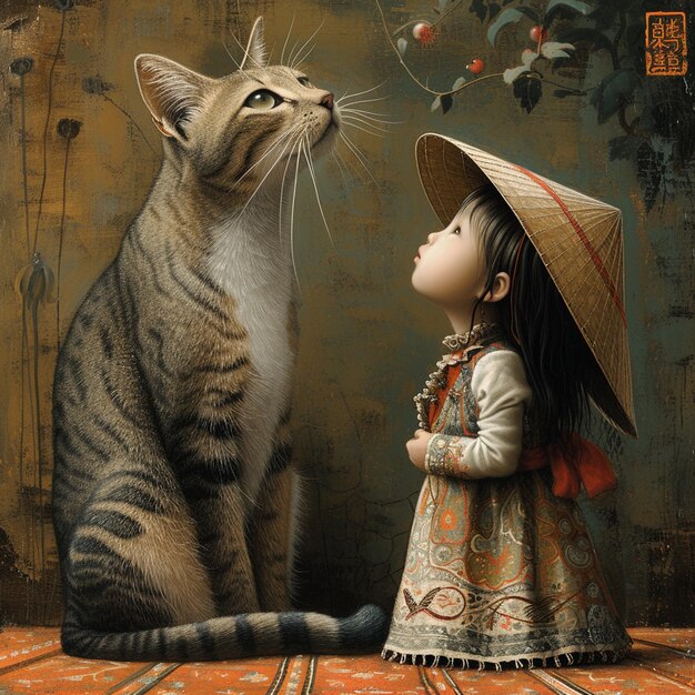 huge kitty and little girl illustrasion