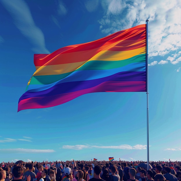 a huge lgbtq rainbow flag is flying in the sky with people around it