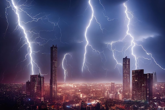 Huge lightnings over a major modern metropolis A night storm over the city