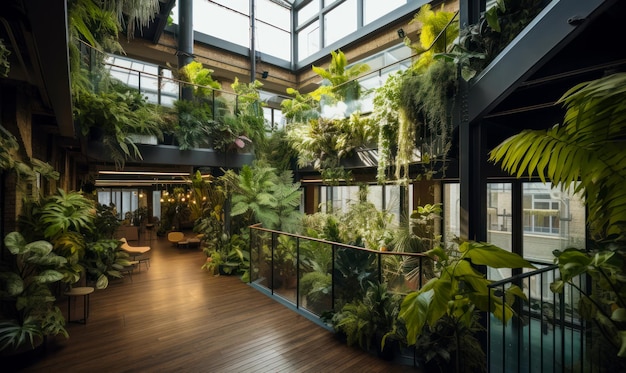 Huge loft room filled with lots of plants Multistoried building with greenery and relaxing atmosphere Generative AI