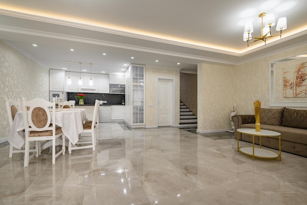 Huge luxurious home studio kitchen with marble floor