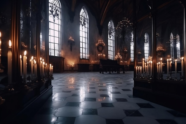 Huge magical gothic hall with mirrors