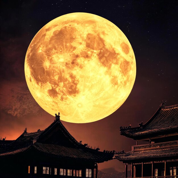 Photo huge moon chinese style warm color warm hanging in the night sky real photo detailed bright stylize 50 v 61 job id 629aafd5e8da442bba40600249d629d7