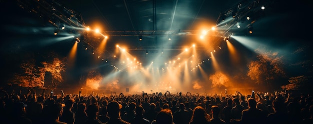 Huge openair concert in the night Spectators watch the concert in the light of footlights Generative AI