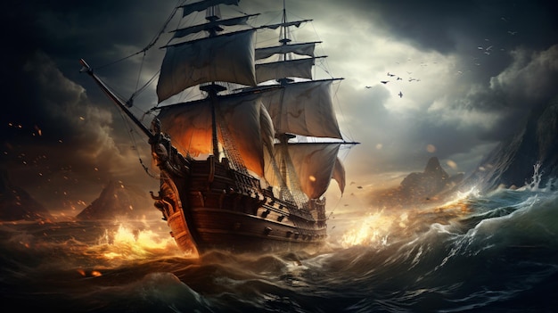 Huge pirate ship sails on a stormy sea