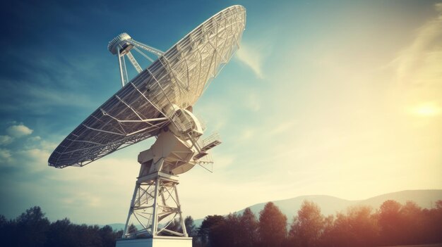 Photo huge radio telescope aimed directly into sky in middle of deserted desert catching signals