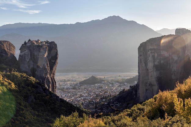 Huge rock pillars formation of Meteora over the Kalampaka town beside the Pindos Mountains Kalabaka Greece