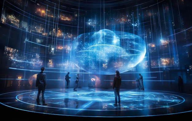 a huge room with hologram screens