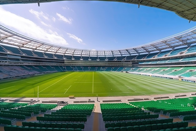 Huge rugby stadium with green grass background