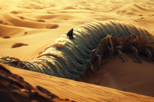 Huge Sand Worm Giant Sandworm Raising Up From the Desert Depths Little Man in Black