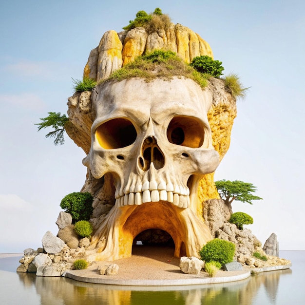 Photo a huge scary fairytale rock with an entrance in the form of a skull