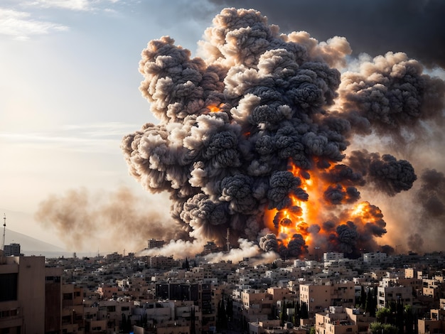 A huge smoke and flames coming out from a building of a city of Israel by missiles attack