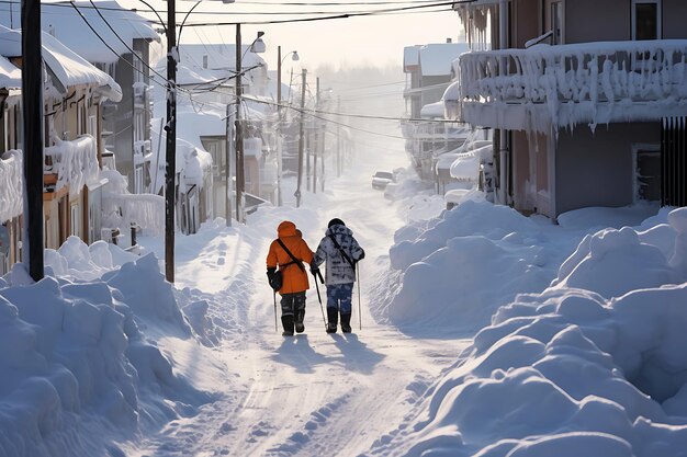 Huge snowdrifts on the city streets after a snowstorm People have difficulty walking on the street