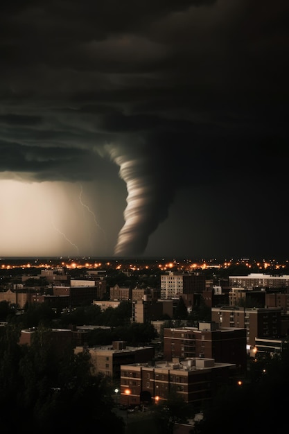 Huge tornado swirling over city at night created using generative ai technology