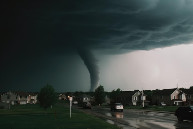 Huge tornado swirling over city at night created using generative ai technology