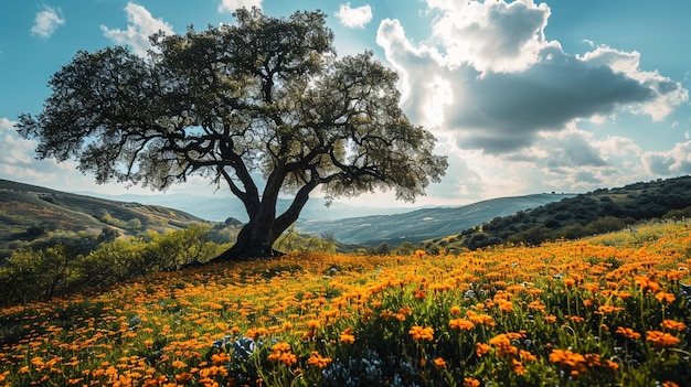 huge tree and flower field sky and cloud Nature and landscape travel season summer