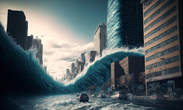 Huge tsunami destroying a city with a big wave flooding the lanscape