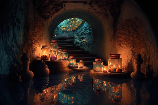 a huge underground landscape, many tunnels and rivers, candles