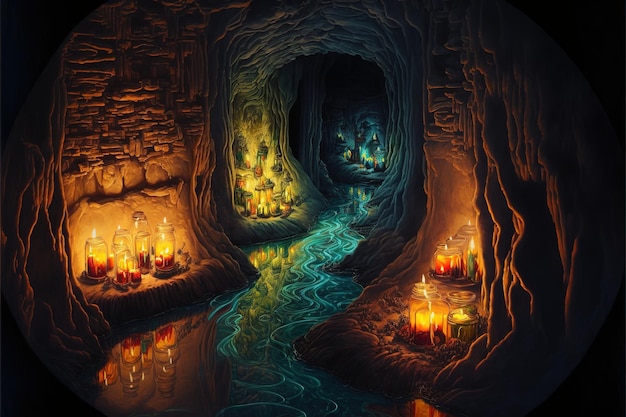 a huge underground landscape, many tunnels and rivers, candles