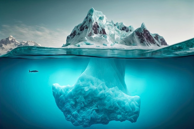 Huge underwater floating iceberg and snowwhite peaks above water