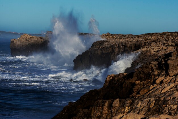 Huge waves hitting the cliff and exploding in Cantabria, north Spain