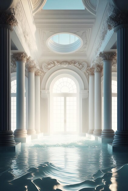 Huge white pillared hall flooded with water