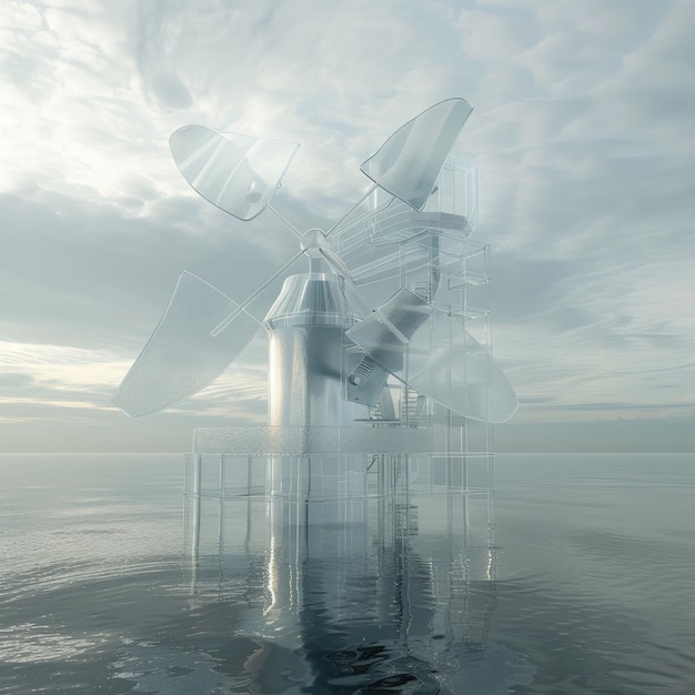 Huge windmills located in the water The concept of generating electricity using wind