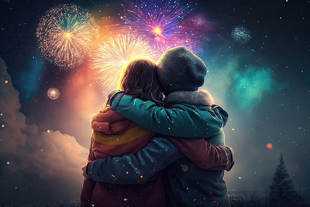 Hugging happiness youth friends while fireworks coloring the sky