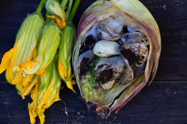 Huitlacoche mushrooms with squash flowers