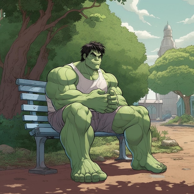 hulk sitting on a bench in a park with a city in the background generative ai