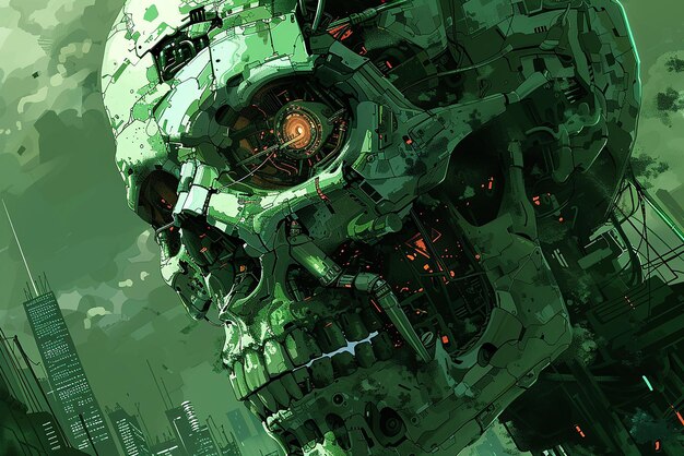 Hulk skull in cyberpunk manga style vibrant neon colors futuristic details dynamic and intense