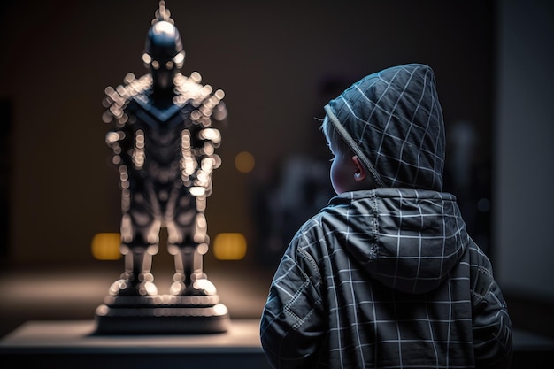 Human and AI little boy looking at a cyborg ai generation