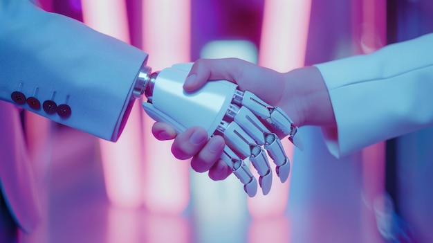 Photo human and ai robot shaking hands in business