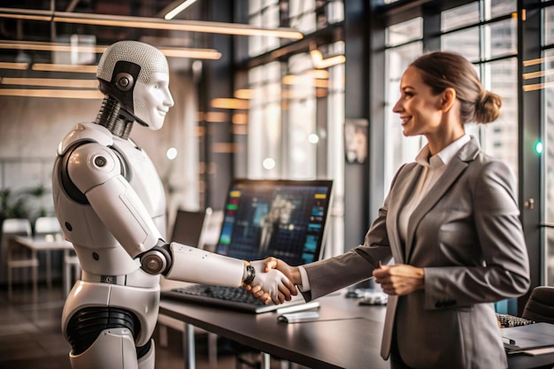 Photo a human and ai robot shaking hands in a sleek hightech office with transparent screens displaying