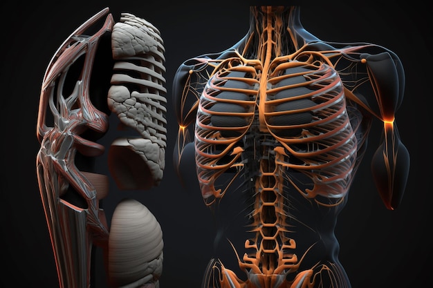 Human anatomical skeleton with muscles and tendons illustration Generative AI